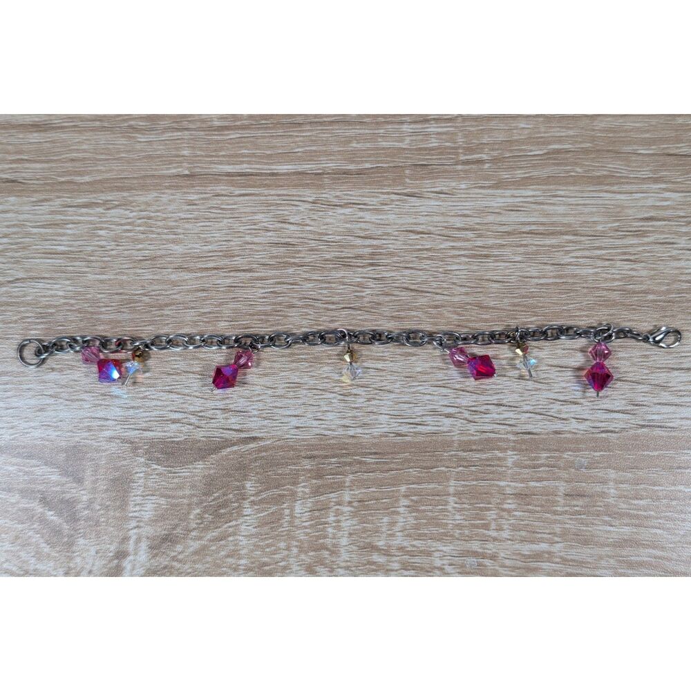 Silver Tone Charm Bracelet Pink & Clear Crystal Dangle Charms Lobster Clasp